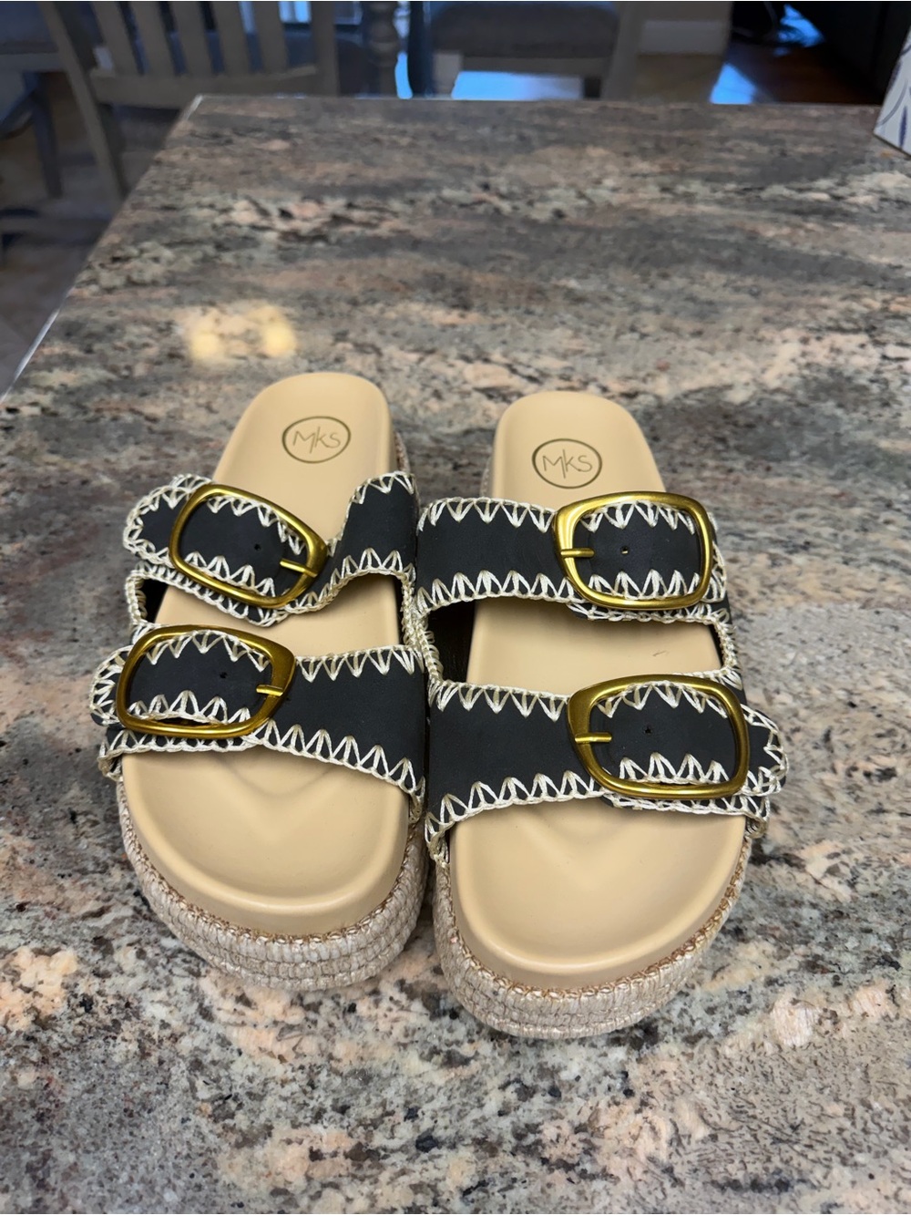 Black and Beige Double-Buckle Platform Mules